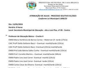 ATRIBUIÇÃO DE AULAS - PROCESSO SELETIVO 01/2023